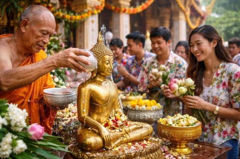 Monje rociando agua sobre una imagen de Buda durante Songkran