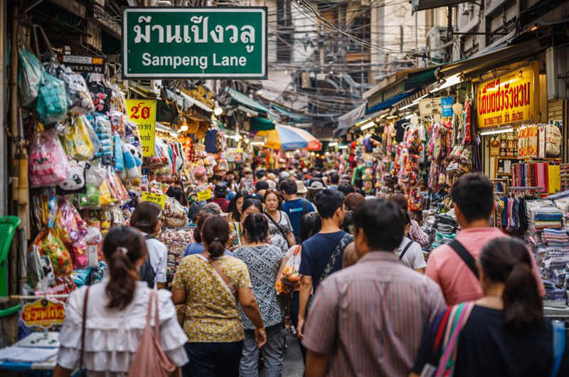 mercado Sampeng Lane en el barrio chino de Bangkok con puestos y tiendas