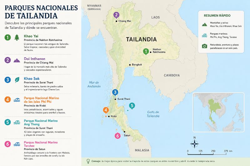 Mapa de los principales parques nacionales de Tailandia