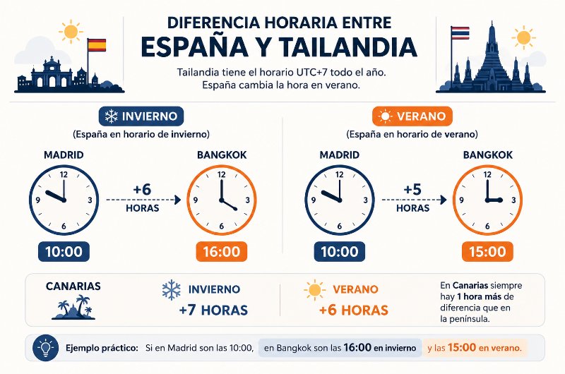 Infografía con la diferencia horaria entre España y Tailandia en horario de verano e invierno
