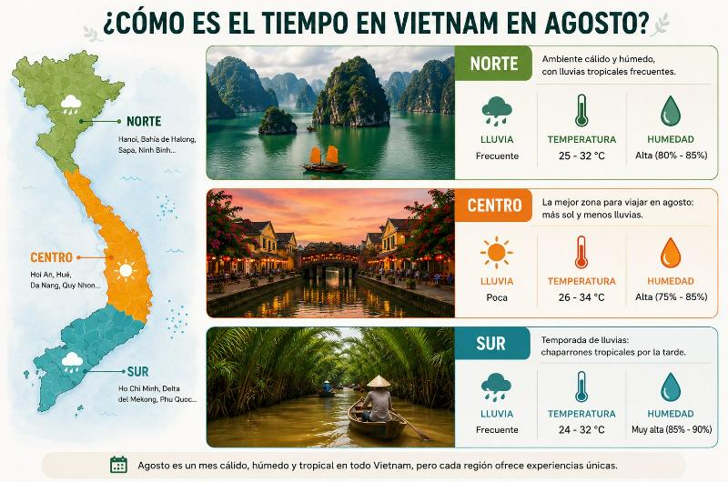 Mapa del clima en Vietnam en agosto por regiones