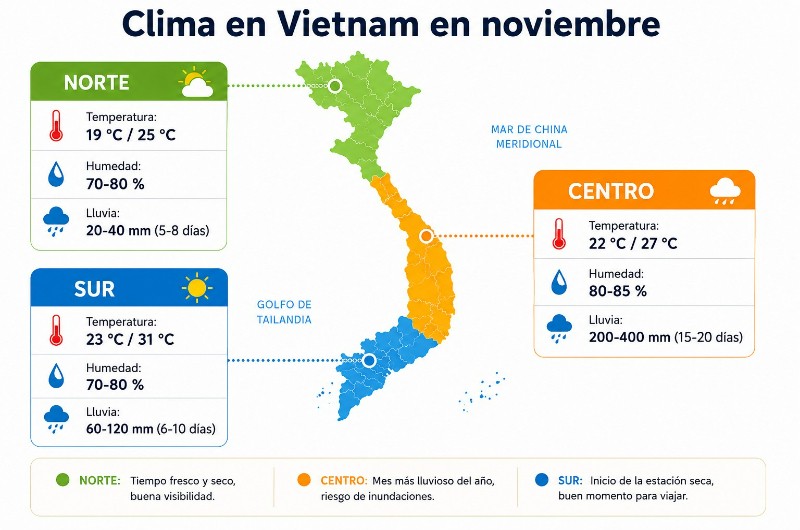 Mapa del clima en Vietnam en noviembre con temperaturas, humedad y días de lluvia en el norte, centro y sur del país