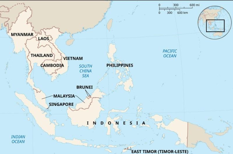 Mapa del sudeste asiático con la ubicación de Tailandia y los países vecinos