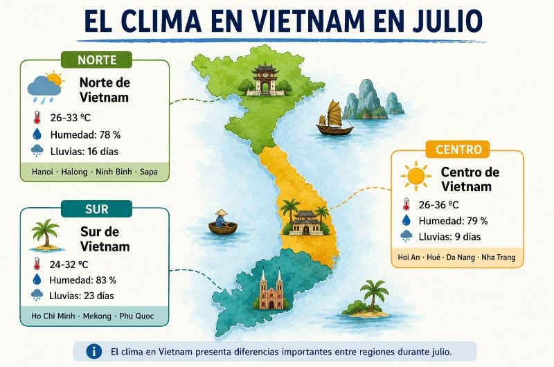 Mapa del clima en Vietnam en julio con temperaturas, humedad y lluvias por regiones