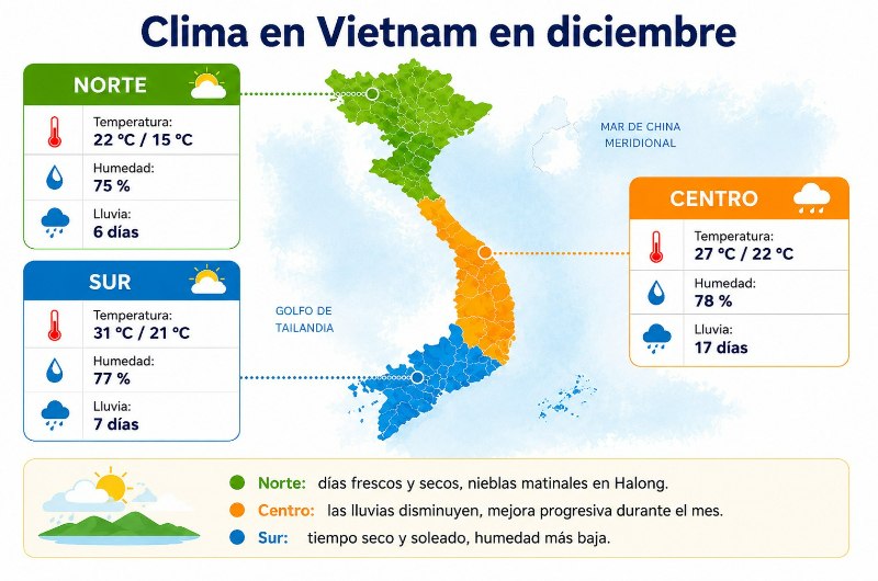 Mapa del clima en Vietnam en diciembre con temperaturas, humedad y días de lluvia en el norte, centro y sur del país
