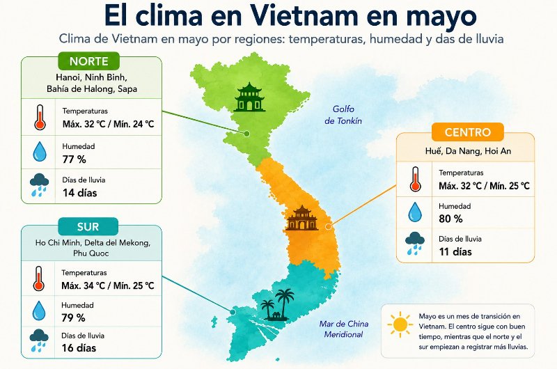 Mapa del clima en Vietnam en mayo con temperaturas, humedad y días de lluvia en el norte, centro y sur de Vietnam.