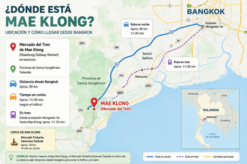 mapa de ubicación del mercado de Mae Klong cerca de Bangkok