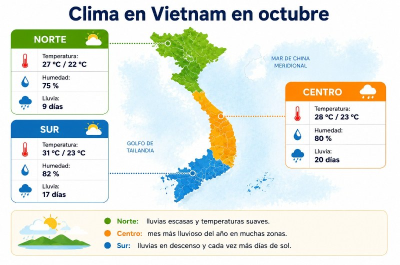 Mapa del clima en Vietnam en octubre con temperaturas, humedad y lluvias por regiones