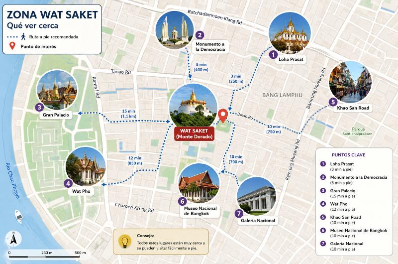 Mapa de los lugares que ver cerca del Wat Saket en Bangkok