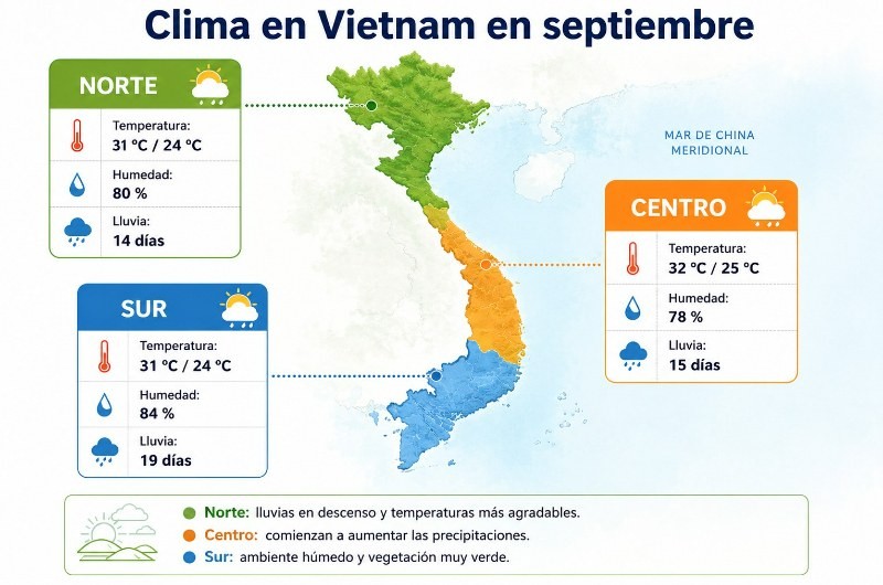 Mapa del clima en Vietnam en septiembre con temperaturas, humedad y lluvias por regiones