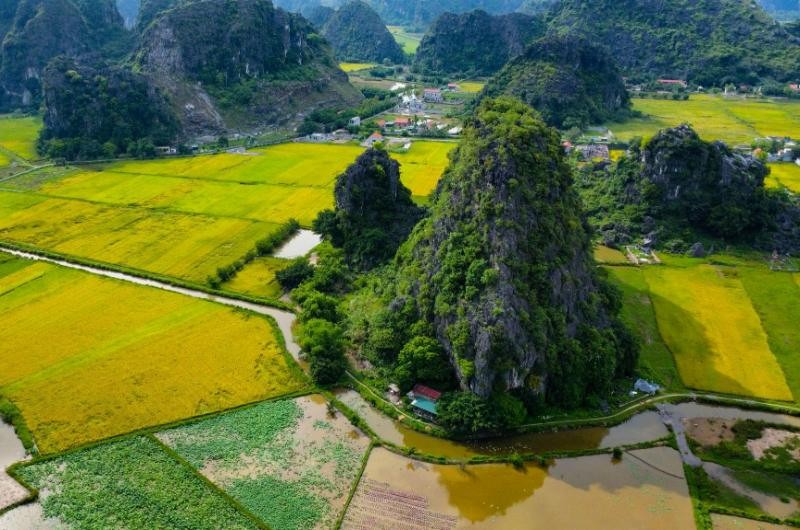 Vista panorámica de Ninh Binh con arrozales y montañas durante septiembre