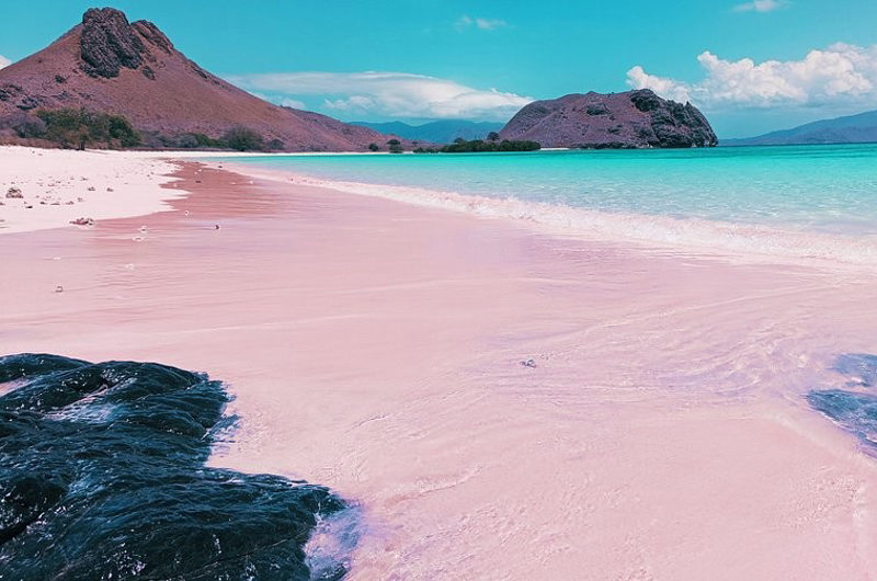 La playa rosa de las Islas Komodo debe su color a la mezcla de la arena con trocitos de coral rojo