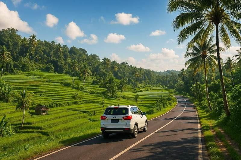 Coche recorriendo una carretera entre arrozales y vegetación en Bali