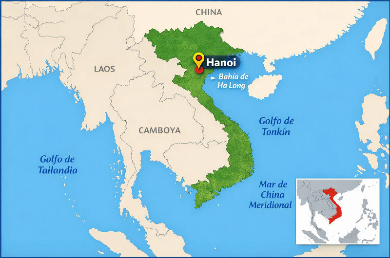 Mapa de ubicación de Hanoi en el norte de Vietnam