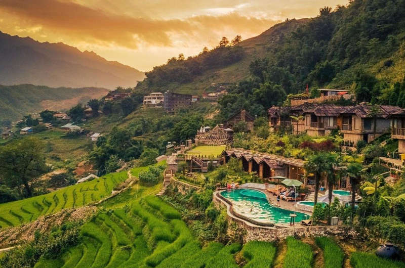 Ecolodge en las montañas de Sapa con vistas al valle y a los arrozales