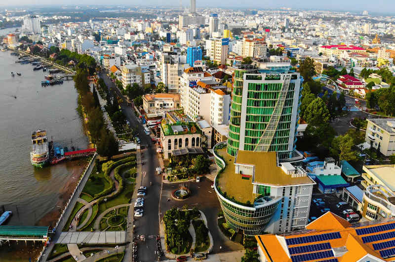 Vista aérea del embarcadero de Ninh Kieu en Can Tho en el delta del Mekong