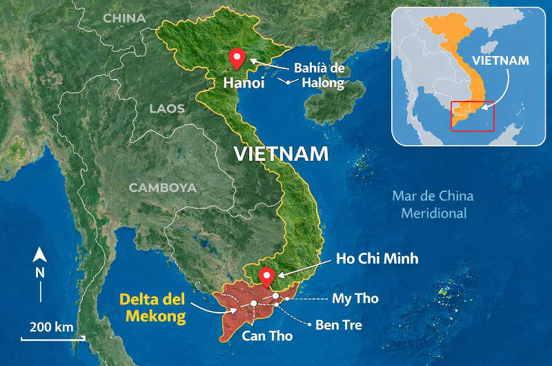 Mapa de Vietnam con la ubicación del delta del Mekong, Ho Chi Minh y Hanoi