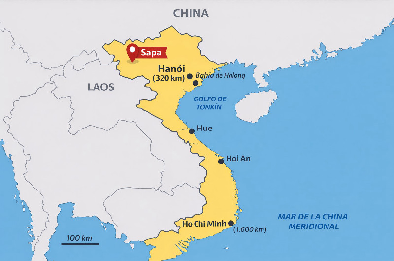 Mapa de Vietnam con la ubicación de Sapa y referencias de Hanoi y la bahía de Halong