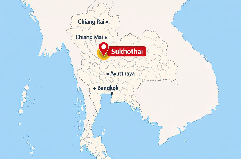 Mapa de Tailandia con Sukhothai ubicado entre Bangkok y Chiang Mai y referencias de Chiang Rai y Ayutthaya
