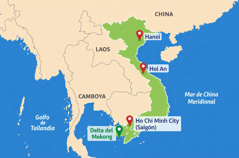 Ubicación de Ho Chi Minh City en Vietnam y distancia aproximada respecto a Hanoi, Hoi An y el delta del Mekong.