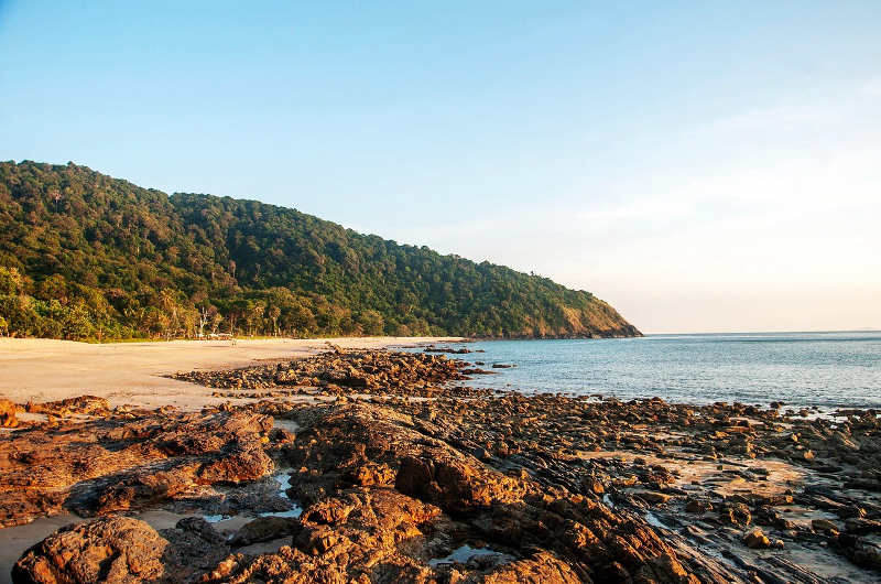 Playa de Koh Tao con vegetación y rocas en marea baja