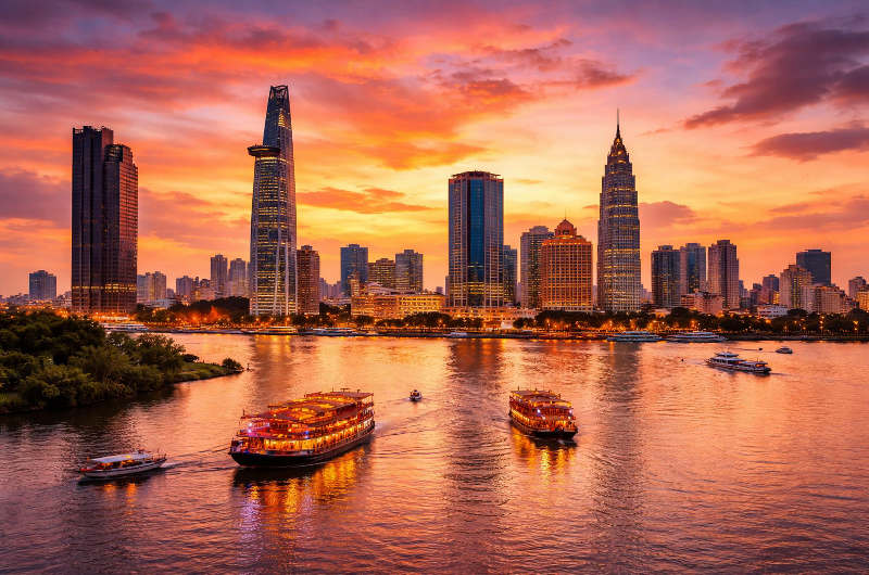 Skyline de Ho Chi Minh City al atardecer con rascacielos junto al río Saigón