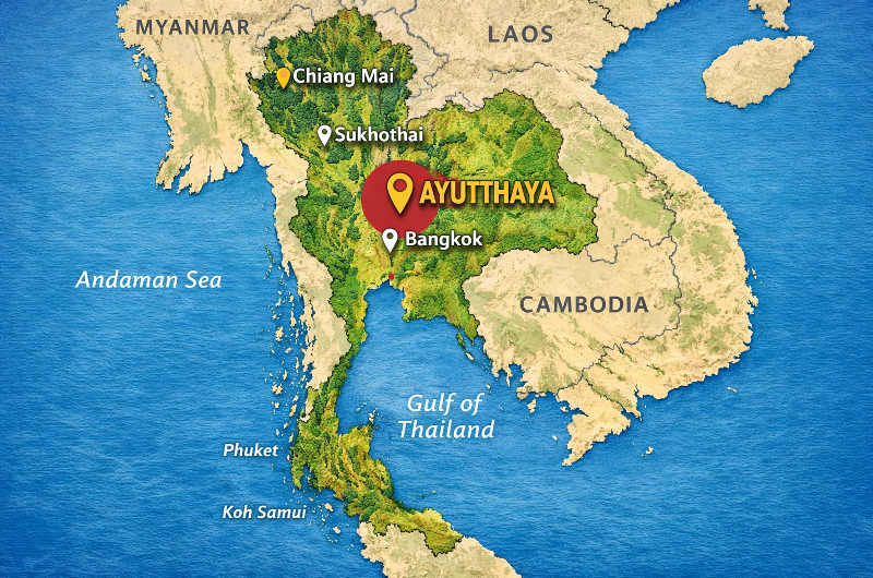 Ubicación de Ayutthaya en Tailandia en un mapa junto a Bangkok, Sukhothai y Chiang Mai