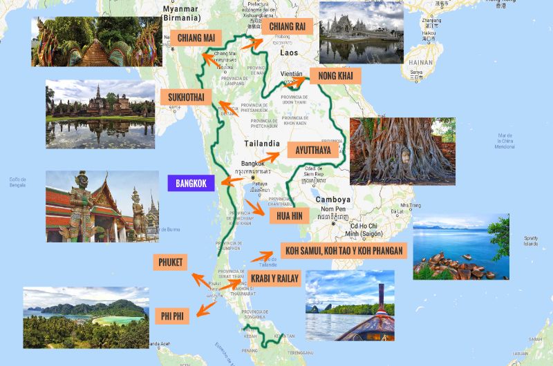 mapa turístico de Tailandia con Bangkok y otros destinos populares