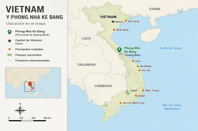 ubicación del parque nacional de Phong Nha Ke Bang en Vietnam en un mapa del país