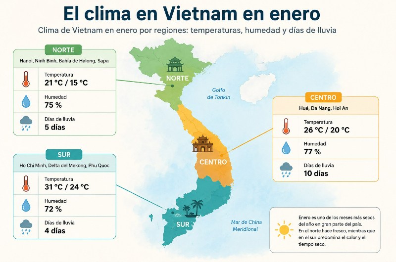 Mapa del clima en Vietnam en enero con temperaturas, humedad y días de lluvia por regiones