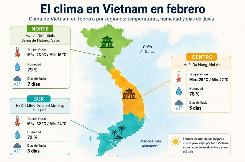 Mapa del clima en Vietnam en febrero con temperaturas, humedad y días de lluvia por regiones