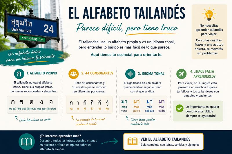 Infografía sobre el alfabeto tailandés y sus principales características