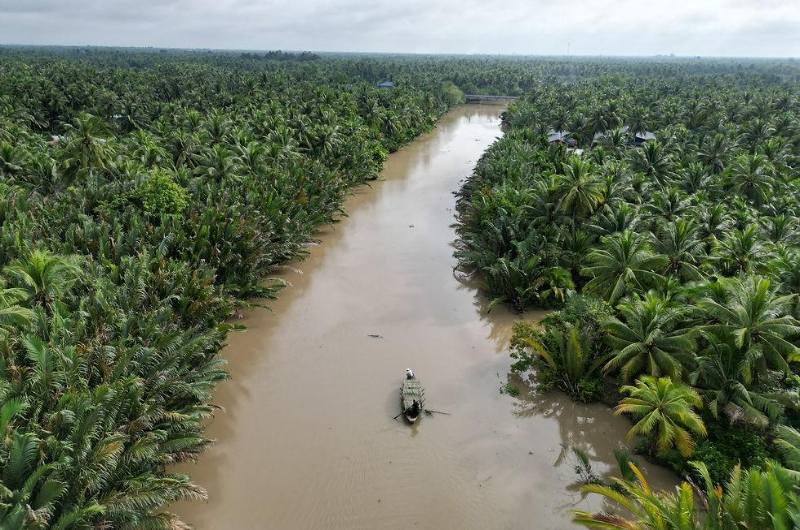 Embarcación navegando por el delta del Mekong rodeado de vegetación muy verde.